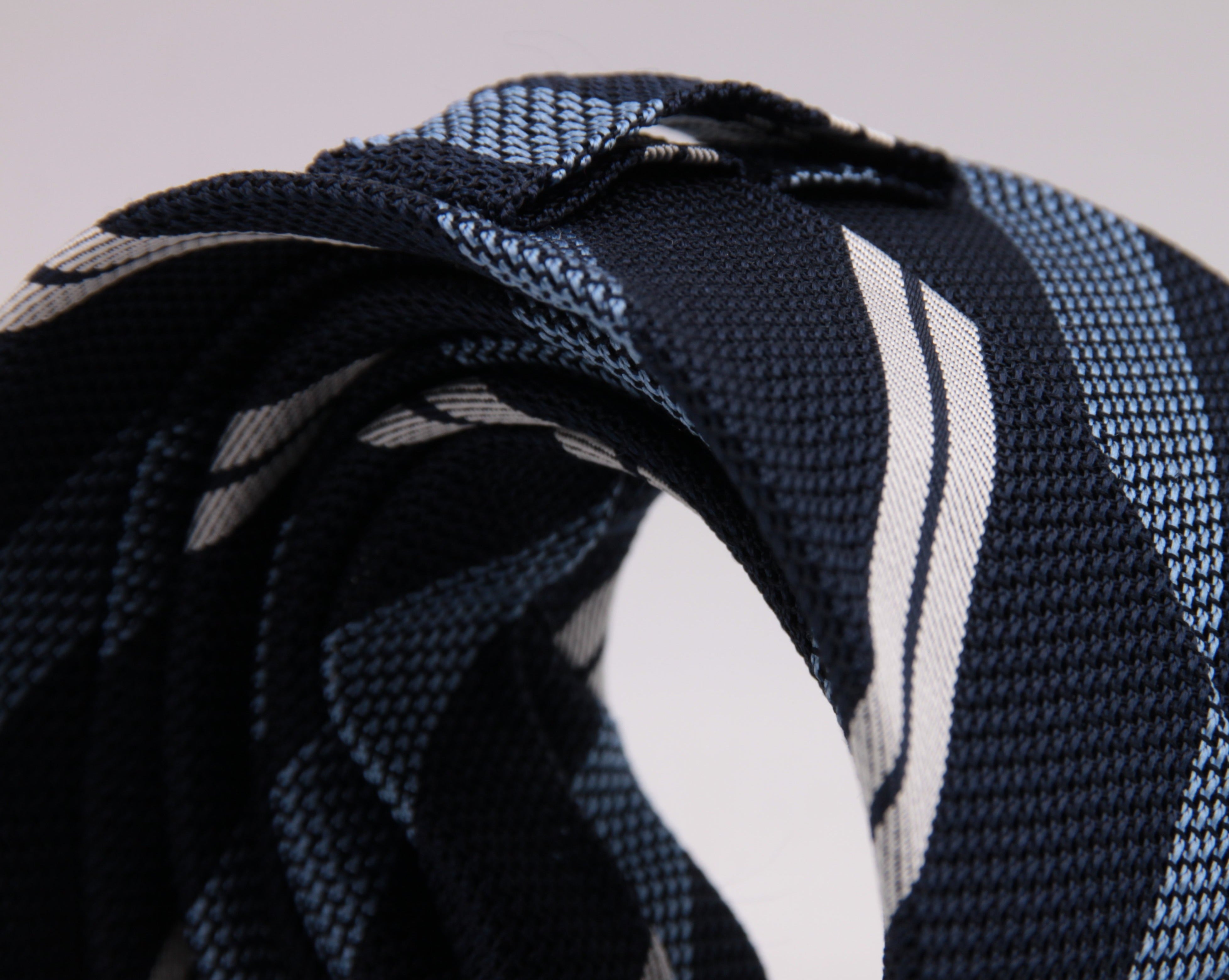 Drake's for Cruciani e Bella 100% Grenadine Silk Tipped Navy Blue, Light Blue and White stripes tie Handmade in London, England 8 cm x 150 cm #5264