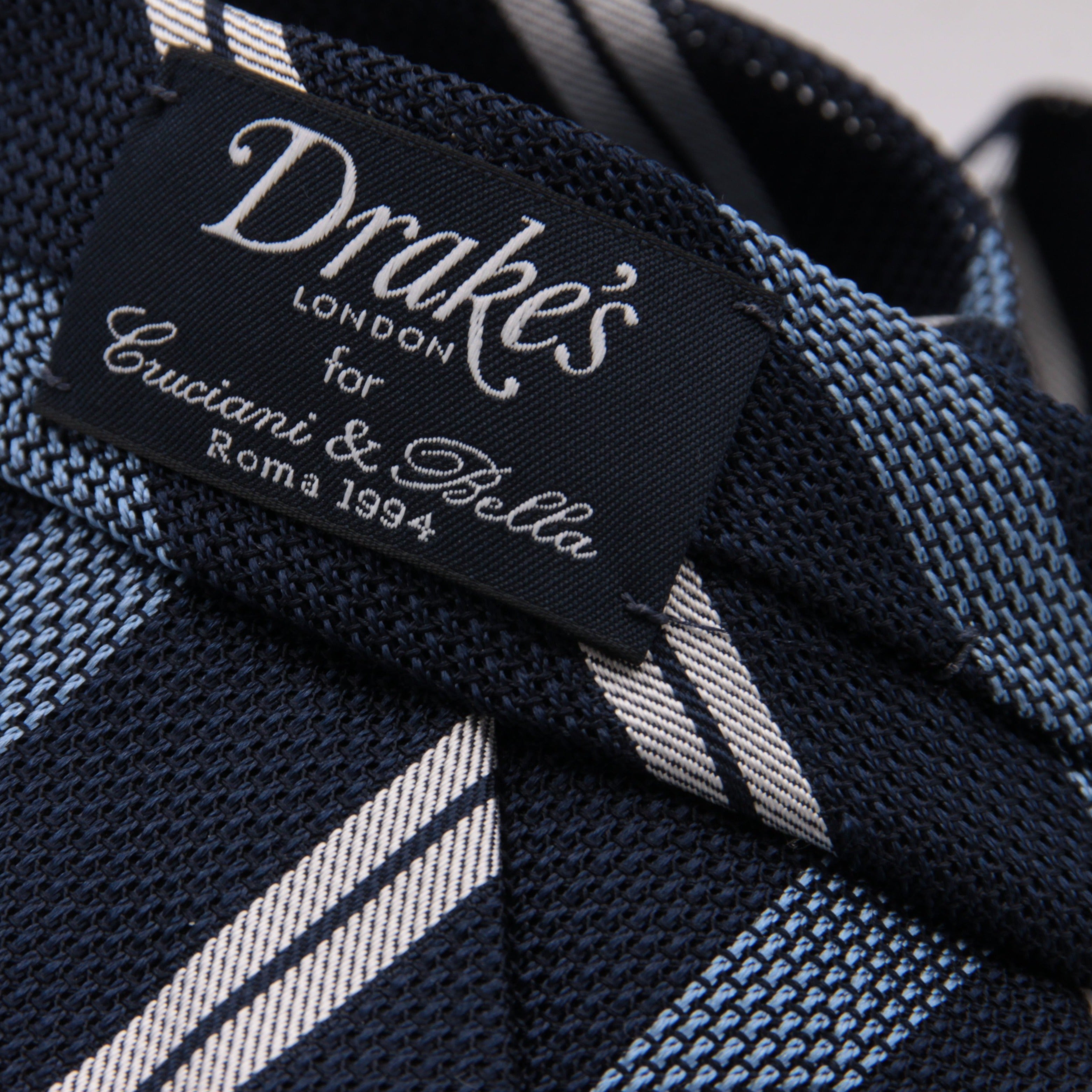 Drake's for Cruciani e Bella 100% Grenadine Silk Tipped Navy Blue, Light Blue and White stripes tie Handmade in London, England 8 cm x 150 cm #5264