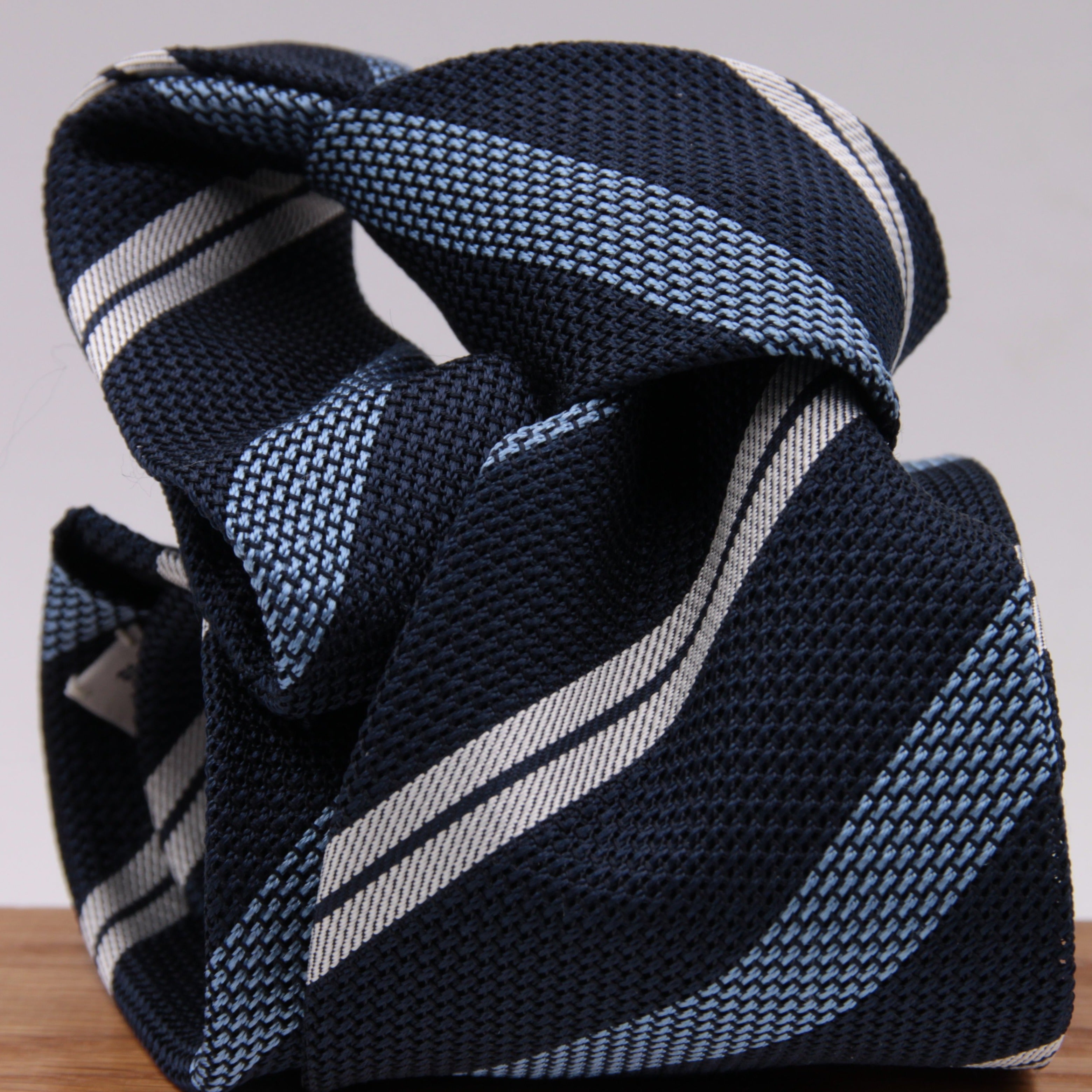 Drake's for Cruciani e Bella 100% Grenadine Silk Tipped Navy Blue, Light Blue and White stripes tie Handmade in London, England 8 cm x 150 cm #5264