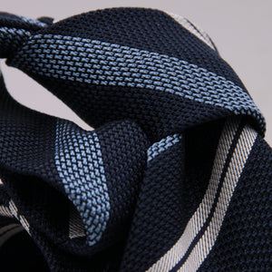 Drake's for Cruciani e Bella 100% Grenadine Silk Tipped Navy Blue, Light Blue and White stripes tie Handmade in London, England 8 cm x 150 cm #5264