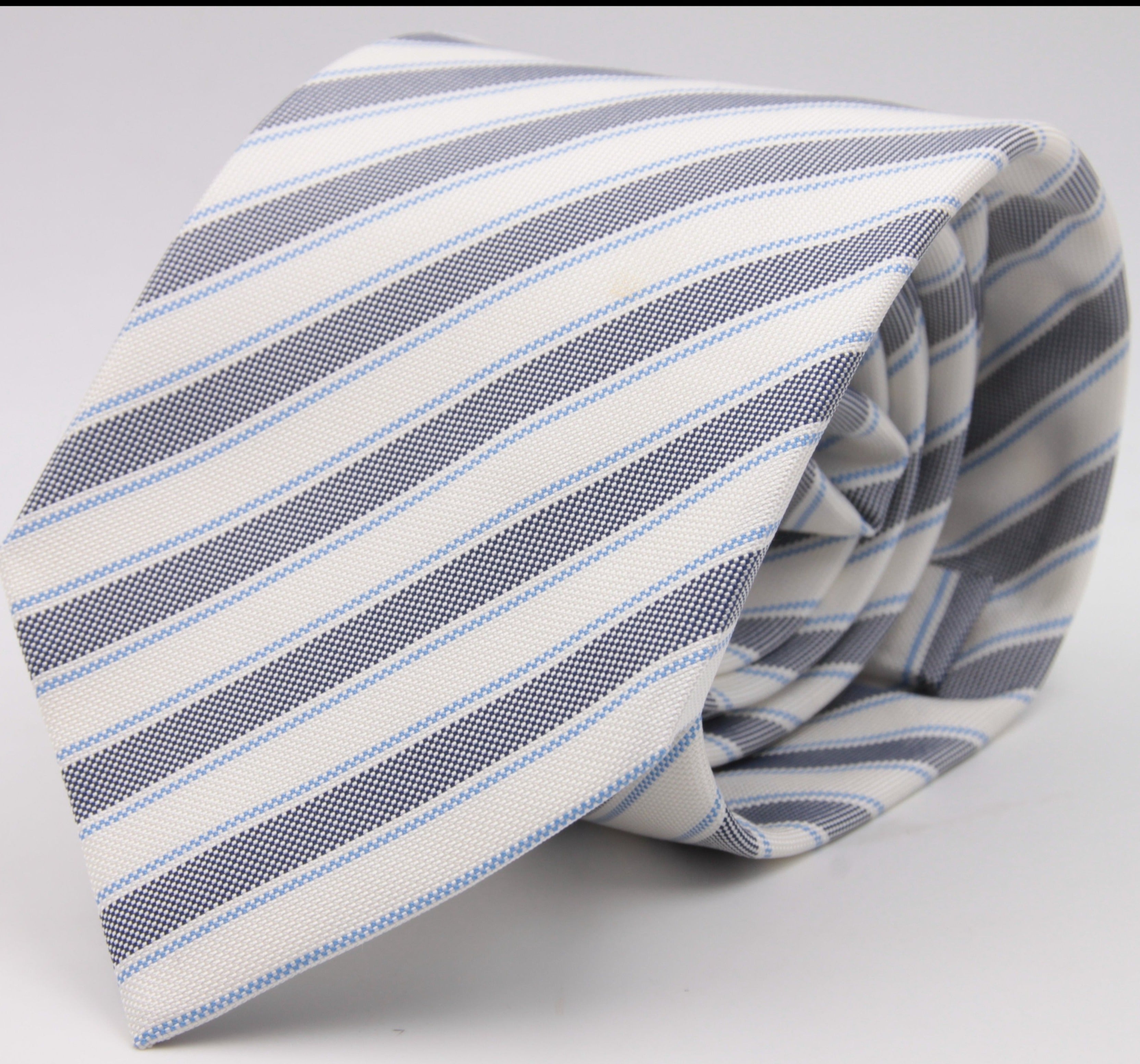 Drake's for Cruciani e Bella 100% Jacquard Silk Tipped Dark Blue, Light Blue and White stripe tie Handmade in London, England 8 cm x 150 cm #5266
