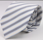 Drake's for Cruciani e Bella 100% Jacquard Silk Tipped Dark Blue, Light Blue and White stripe tie Handmade in London, England 8 cm x 150 cm #5266