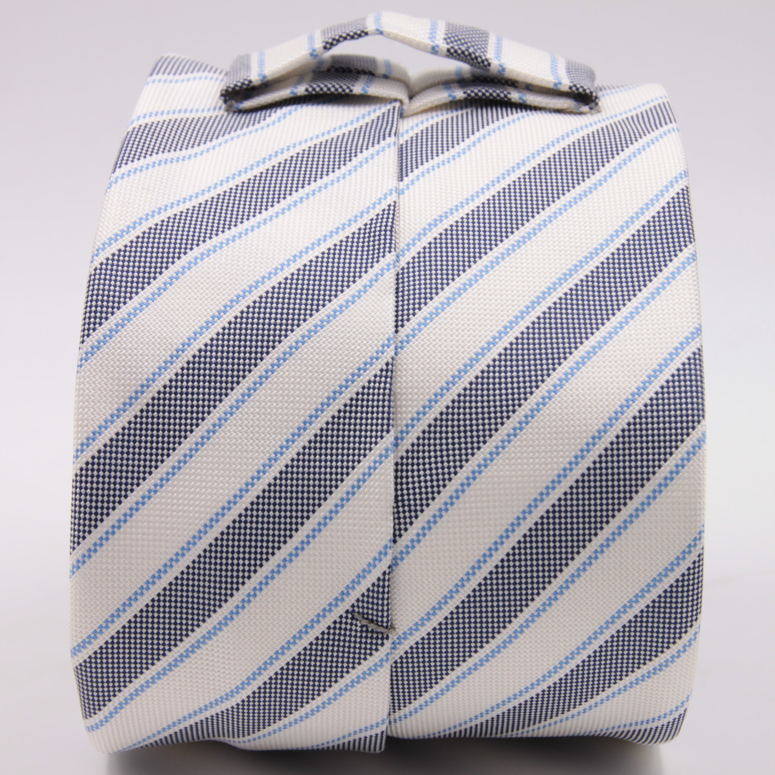 Drake's for Cruciani e Bella 100% Jacquard Silk Tipped Dark Blue, Light Blue and White stripe tie Handmade in London, England 8 cm x 150 cm #5266