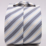 Drake's for Cruciani e Bella 100% Jacquard Silk Tipped Dark Blue, Light Blue and White stripe tie Handmade in London, England 8 cm x 150 cm #5266