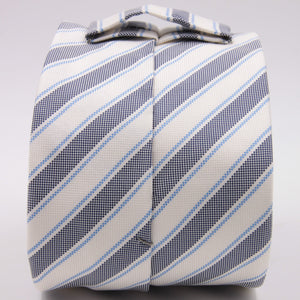 Drake's for Cruciani e Bella 100% Jacquard Silk Tipped Dark Blue, Light Blue and White stripe tie Handmade in London, England 8 cm x 150 cm #5266