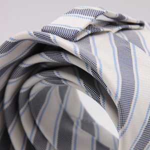 Drake's for Cruciani e Bella 100% Jacquard Silk Tipped Dark Blue, Light Blue and White stripe tie Handmade in London, England 8 cm x 150 cm #5266