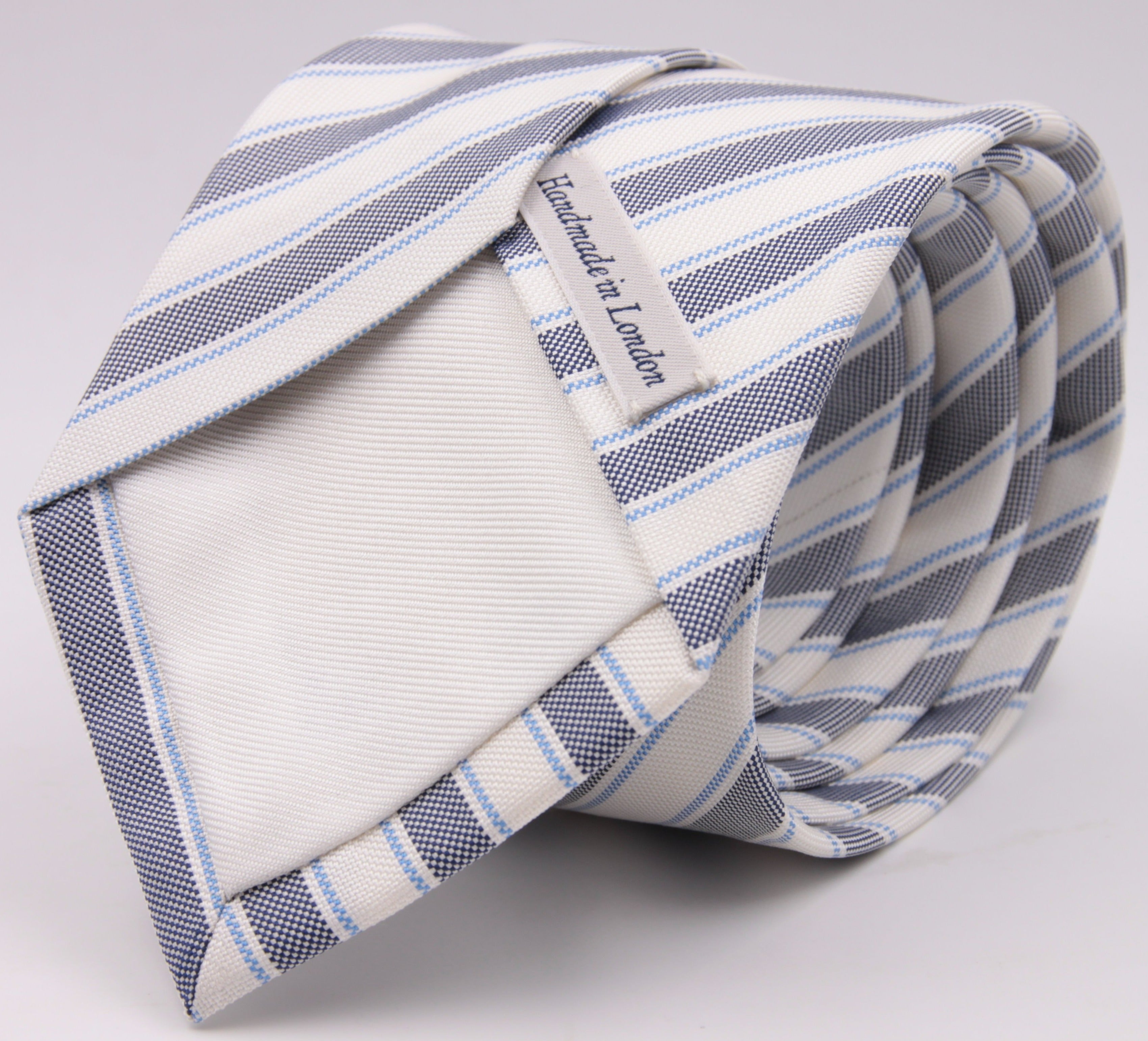 Drake's for Cruciani e Bella 100% Jacquard Silk Tipped Dark Blue, Light Blue and White stripe tie Handmade in London, England 8 cm x 150 cm #5266