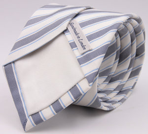 Drake's for Cruciani e Bella 100% Jacquard Silk Tipped Dark Blue, Light Blue and White stripe tie Handmade in London, England 8 cm x 150 cm #5266
