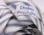 Drake's for Cruciani e Bella 100% Jacquard Silk Tipped Dark Blue, Light Blue and White stripe tie Handmade in London, England 8 cm x 150 cm #5266