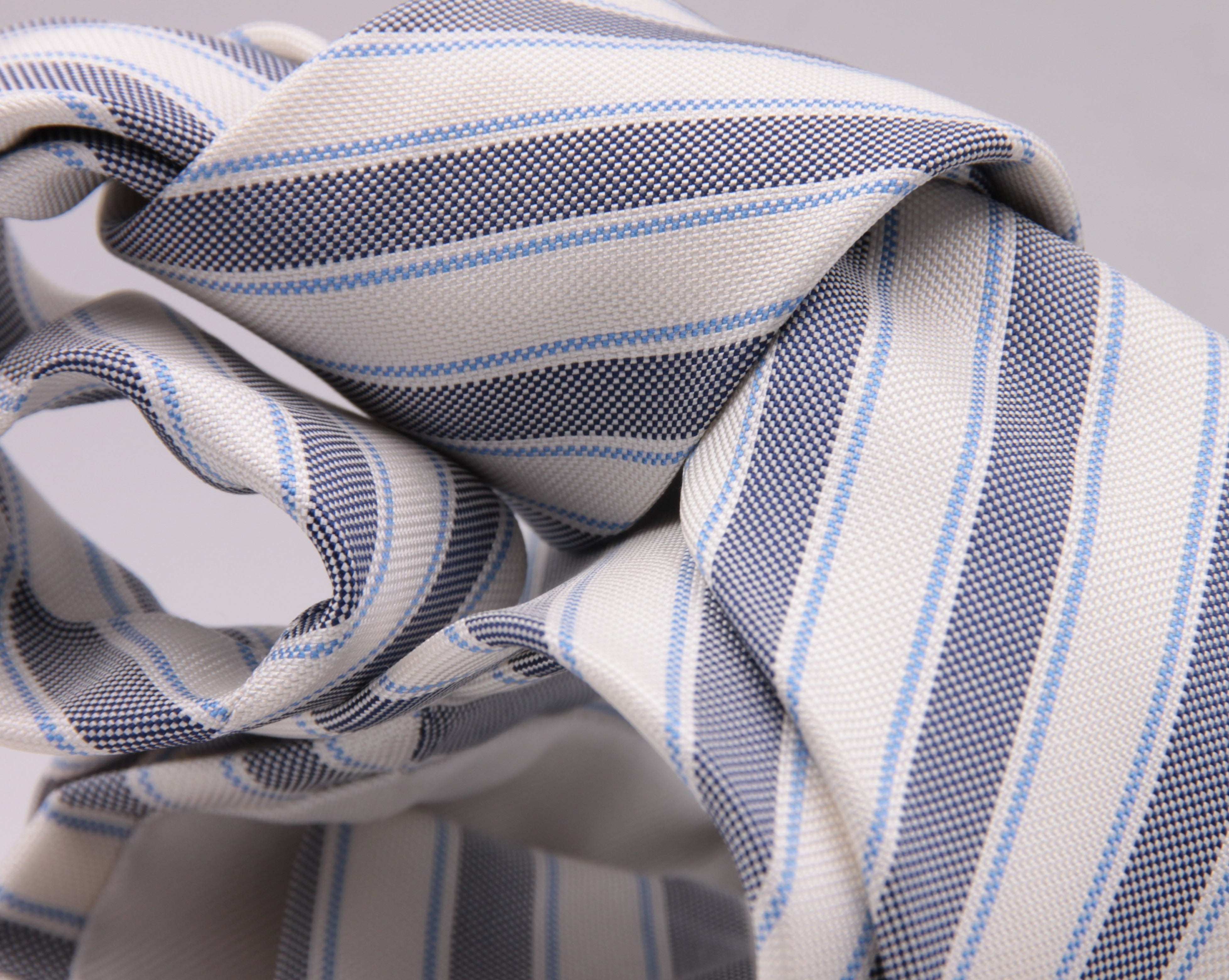 Drake's for Cruciani e Bella 100% Jacquard Silk Tipped Dark Blue, Light Blue and White stripe tie Handmade in London, England 8 cm x 150 cm #5266