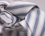 Drake's for Cruciani e Bella 100% Jacquard Silk Tipped Dark Blue, Light Blue and White stripe tie Handmade in London, England 8 cm x 150 cm #5266