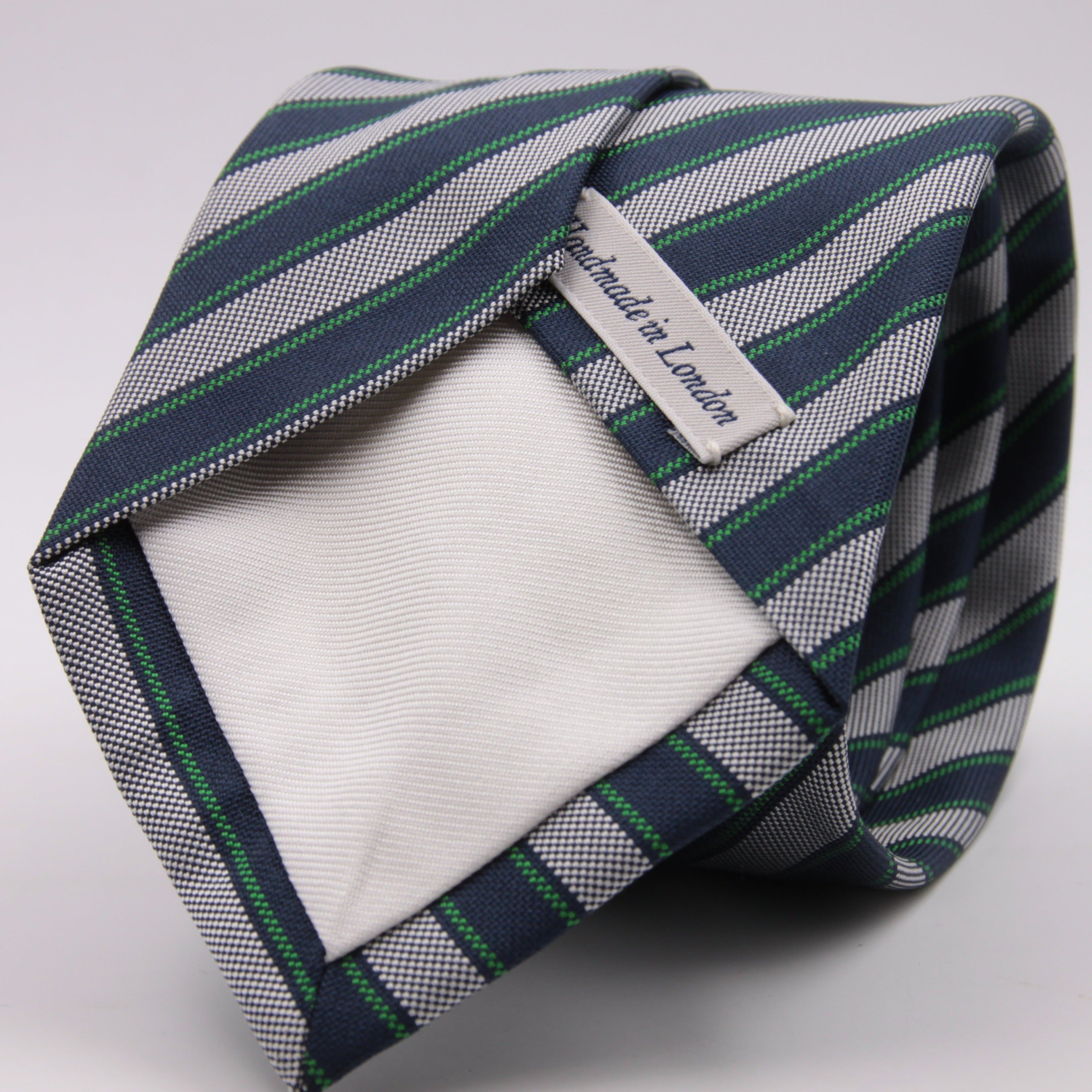Drake's for Cruciani e Bella 100% Jacquard Silk Tipped Dark Blue, Green and Grey stripe tie Handmade in London, England 8 cm x 150 cm #5331