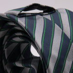 Drake's for Cruciani e Bella 100% Jacquard Silk Tipped Dark Blue, Green and Grey stripe tie Handmade in London, England 8 cm x 150 cm #5331