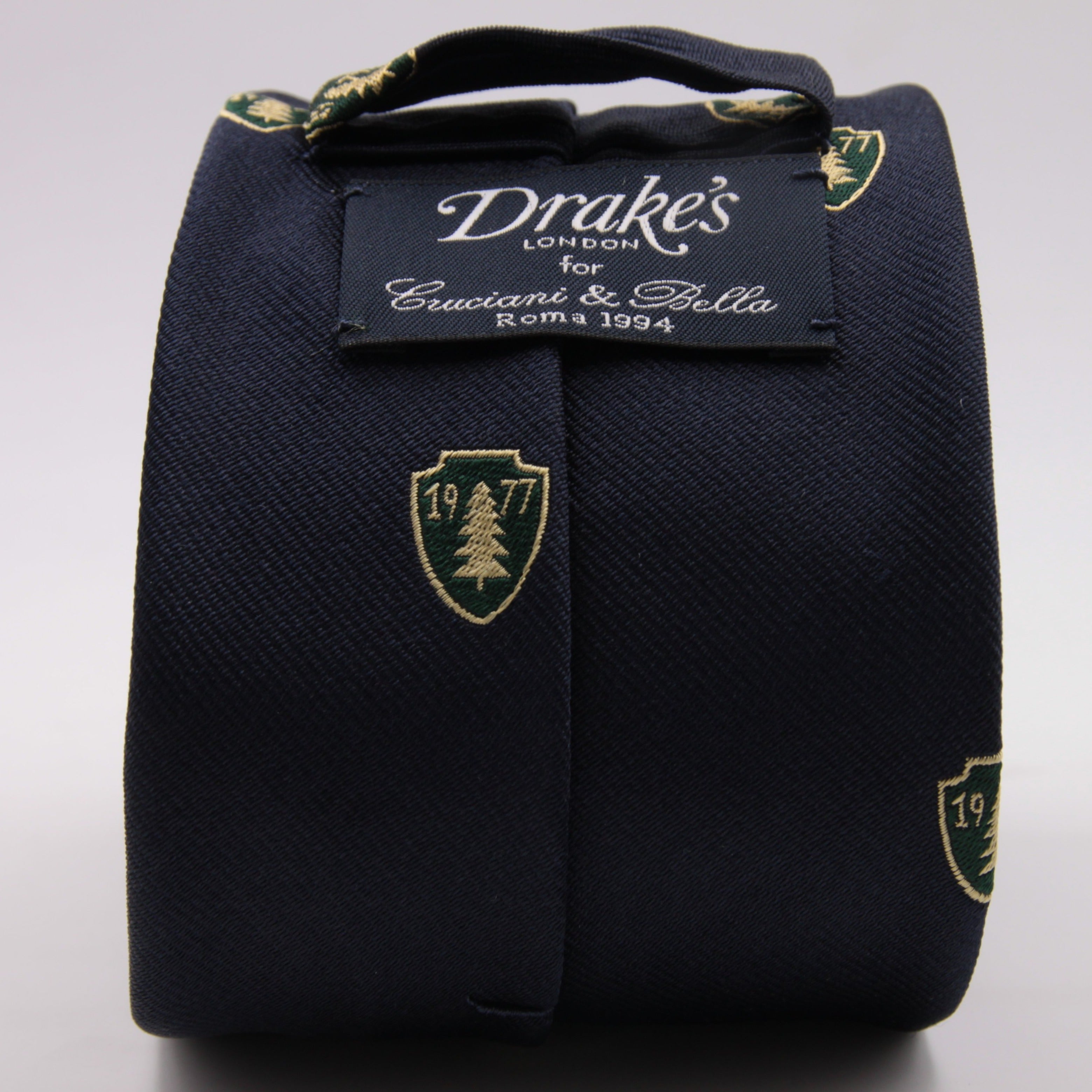 Drake's for Cruciani e Bella 100%  Woven Silk Tipped Blue, Green and Yellow Motif tie Handmade in London, England 8 cm x 150 cm #3652
