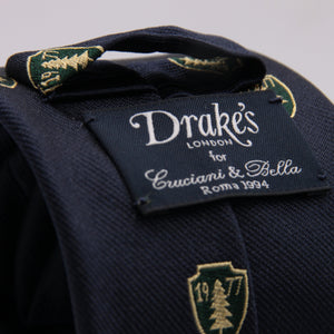 Drake's for Cruciani e Bella 100%  Woven Silk Tipped Blue, Green and Yellow Motif tie Handmade in London, England 8 cm x 150 cm #3652