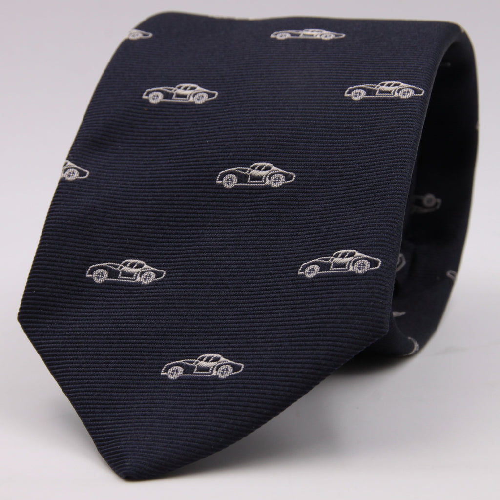 Drake's for Cruciani e Bella 100%  Woven Silk Tipped Blue and White Motif tie Handmade in London, England 8 cm x 150 cm #3659