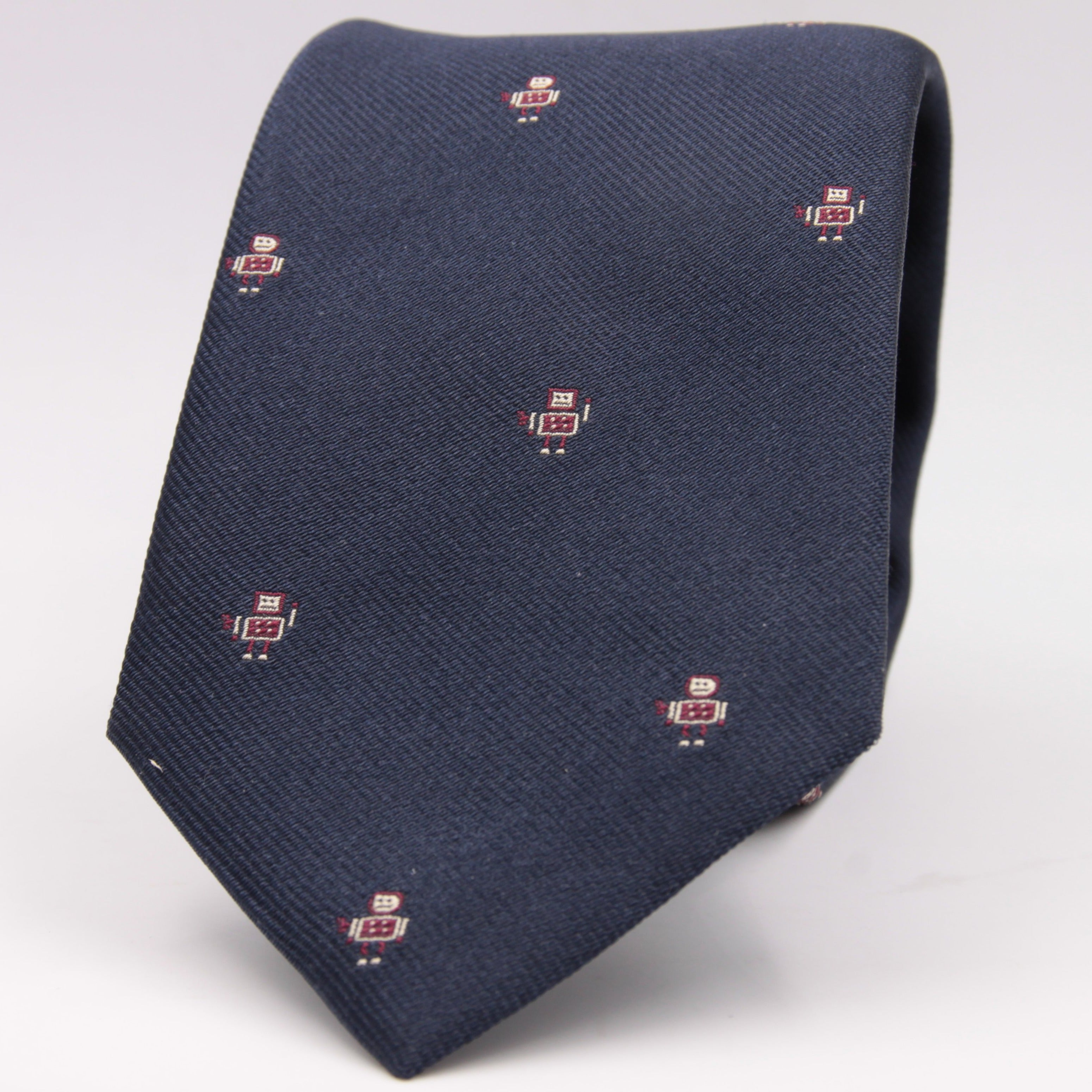 Drake's for Cruciani e Bella 100%  Woven Silk Tipped Blue, Wine and Yellow Robot Motif Tie Handmade in London, England 8 cm x 150 cm #5194