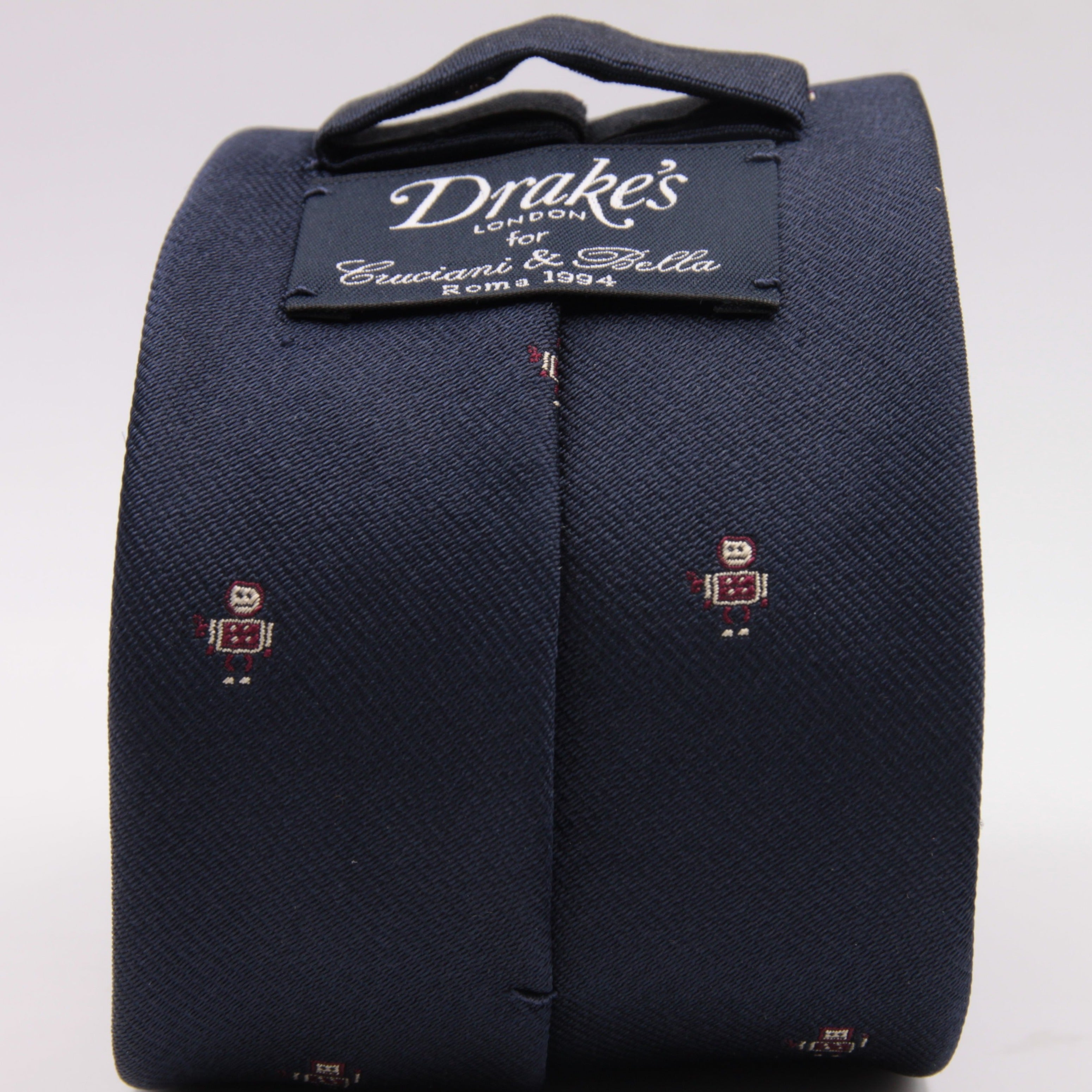 Drake's for Cruciani e Bella 100%  Woven Silk Tipped Blue, Wine and Yellow Robot Motif Tie Handmade in London, England 8 cm x 150 cm #5194
