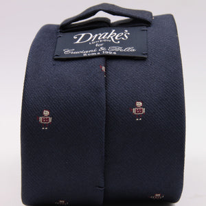 Drake's for Cruciani e Bella 100%  Woven Silk Tipped Blue, Wine and Yellow Robot Motif Tie Handmade in London, England 8 cm x 150 cm #5194