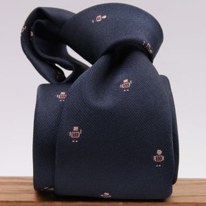 Drake's for Cruciani e Bella 100%  Woven Silk Tipped Blue, Wine and Yellow Robot Motif Tie Handmade in London, England 8 cm x 150 cm #5194