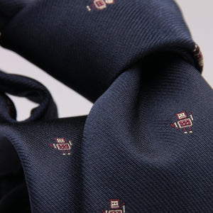 Drake's for Cruciani e Bella 100%  Woven Silk Tipped Blue, Wine and Yellow Robot Motif Tie Handmade in London, England 8 cm x 150 cm #5194