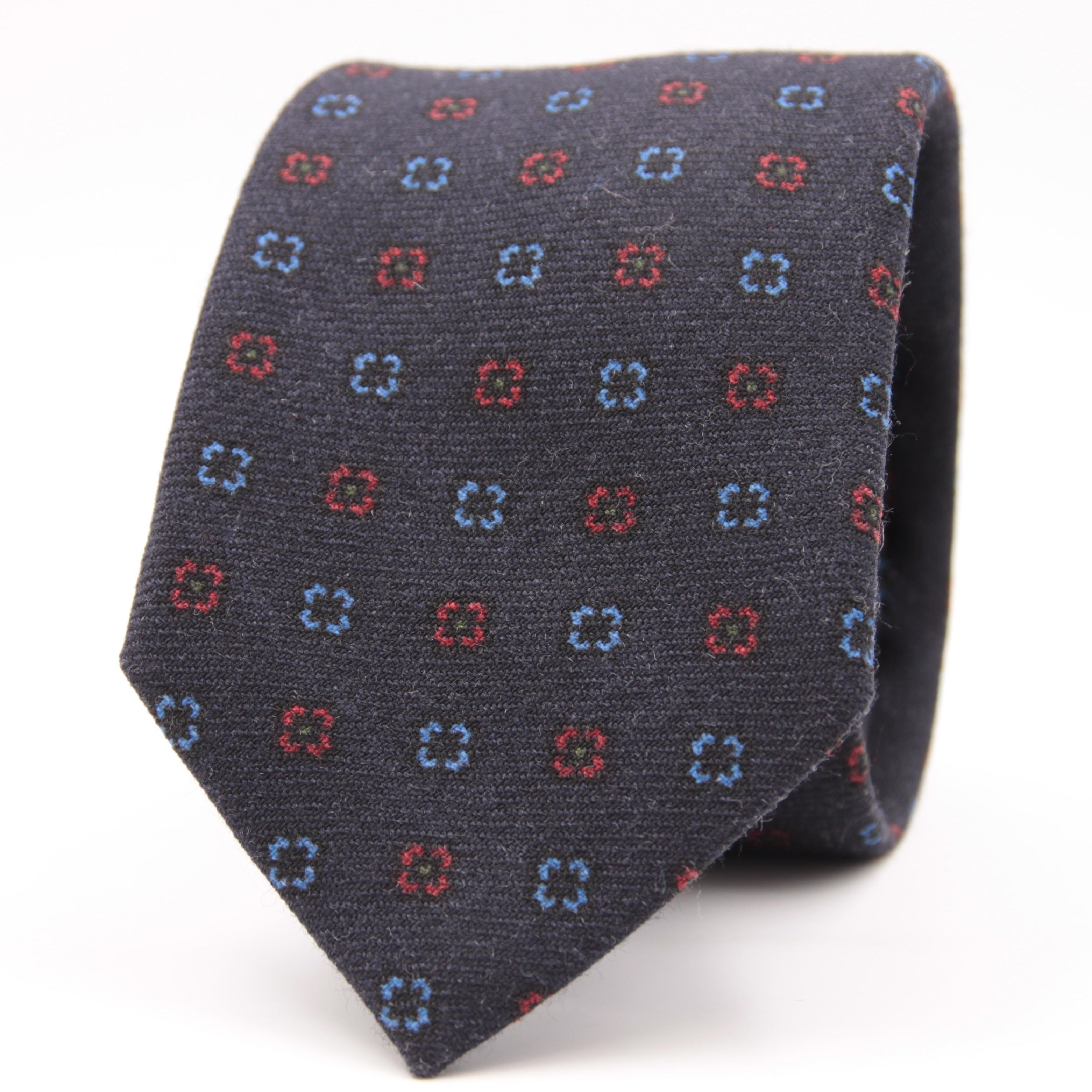 Holliday & Brown for Cruciani & Bella 100% Printed Wool  Tipped Denim Blue, Light Blue and Red Motif tie   Handmade in Italy 8 cm x 148 cm #5090