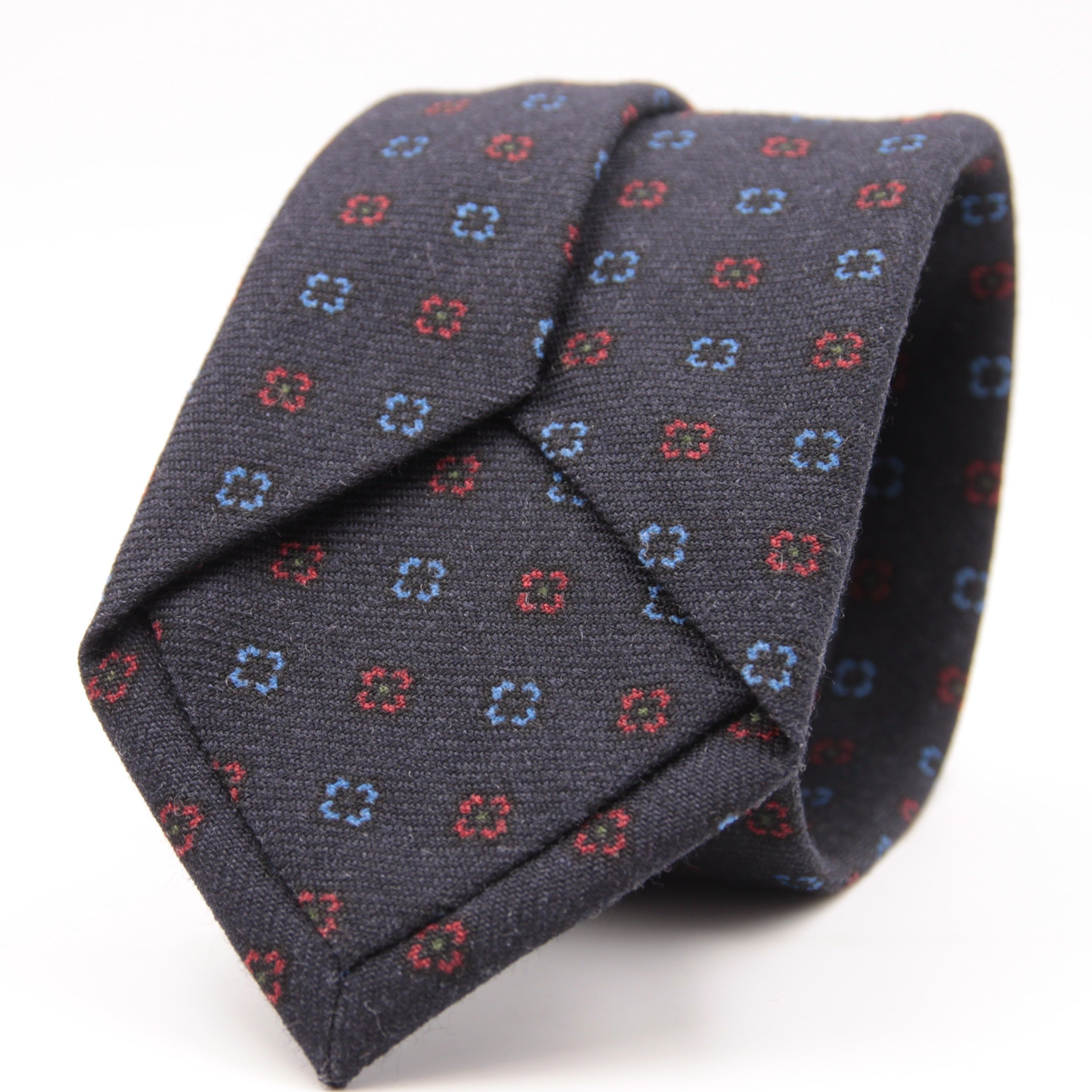 Holliday & Brown for Cruciani & Bella 100% Printed Wool  Tipped Denim Blue, Light Blue and Red Motif tie   Handmade in Italy 8 cm x 148 cm #5090