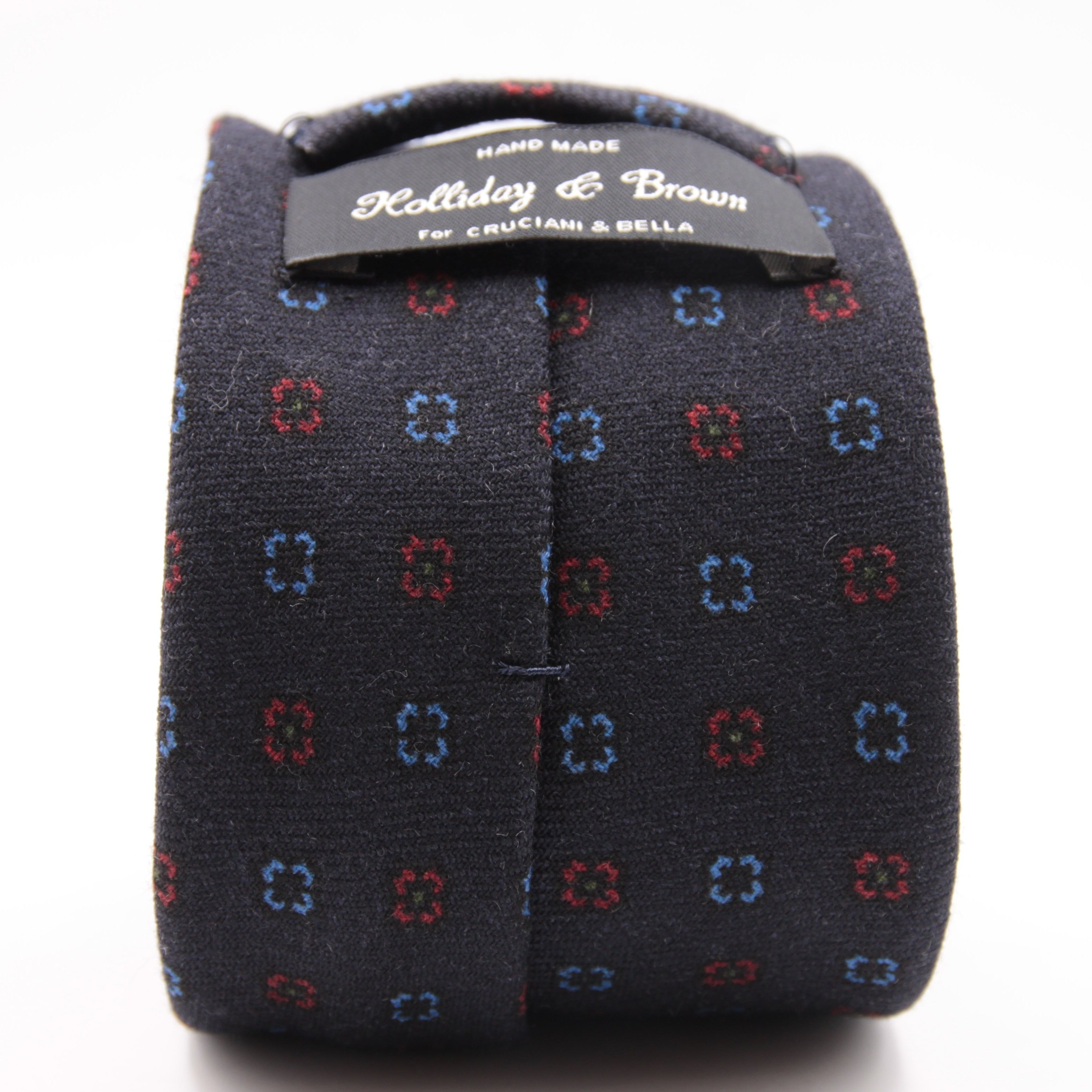 Holliday & Brown for Cruciani & Bella 100% Printed Wool  Tipped Denim Blue, Light Blue and Red Motif tie   Handmade in Italy 8 cm x 148 cm #5090
