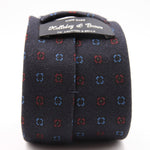 Holliday & Brown for Cruciani & Bella 100% Printed Wool  Tipped Denim Blue, Light Blue and Red Motif tie   Handmade in Italy 8 cm x 148 cm #5090