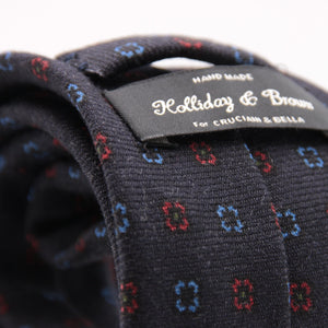 Holliday & Brown for Cruciani & Bella 100% Printed Wool  Tipped Denim Blue, Light Blue and Red Motif tie   Handmade in Italy 8 cm x 148 cm #5090