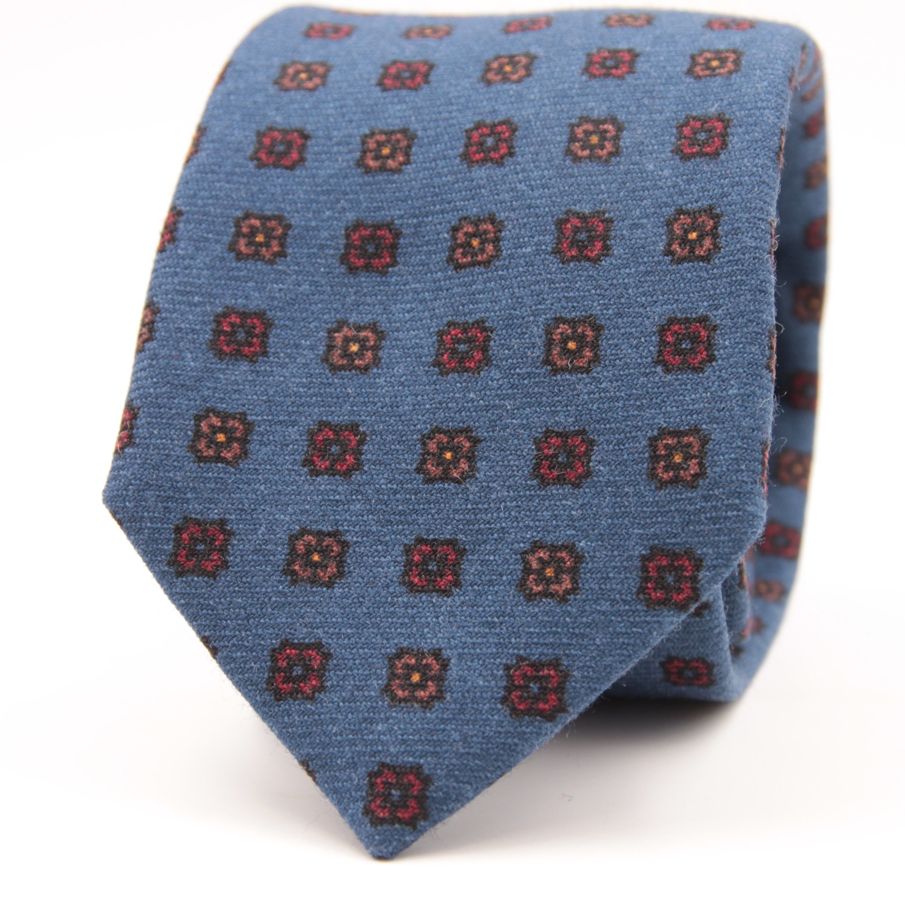 Holliday & Brown for Cruciani & Bella 100% Printed Wool  Tipped Light Blue, Brown and Red Motif tie   Handmade in Italy 8 cm x 148 cm #5093