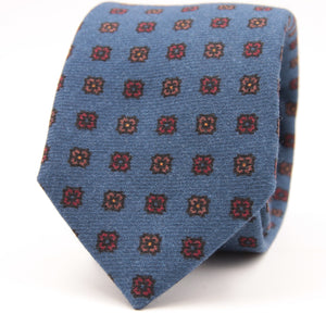 Holliday & Brown for Cruciani & Bella 100% Printed Wool  Tipped Light Blue, Brown and Red Motif tie   Handmade in Italy 8 cm x 148 cm #5093
