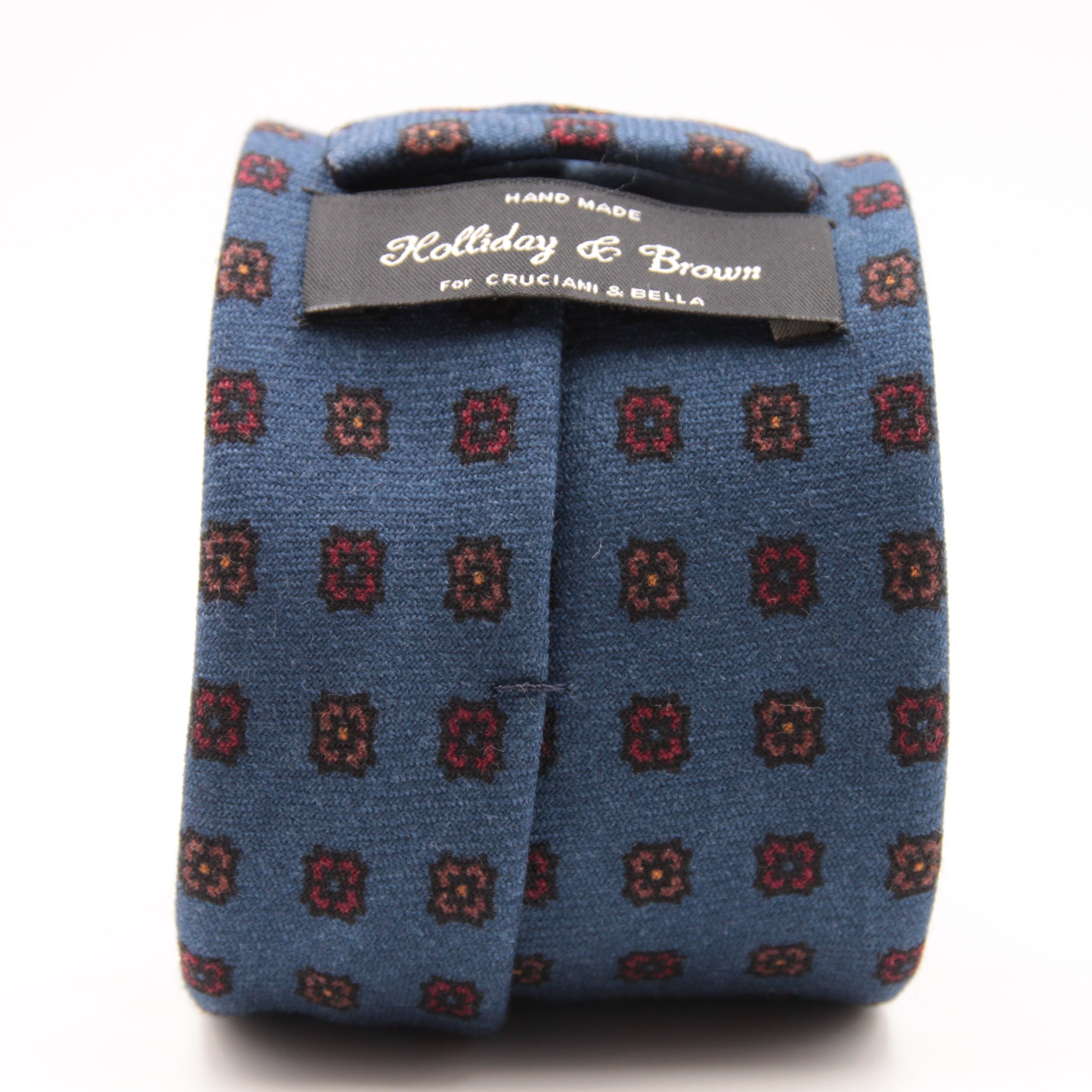 Holliday & Brown for Cruciani & Bella 100% Printed Wool  Tipped Light Blue, Brown and Red Motif tie   Handmade in Italy 8 cm x 148 cm #5093