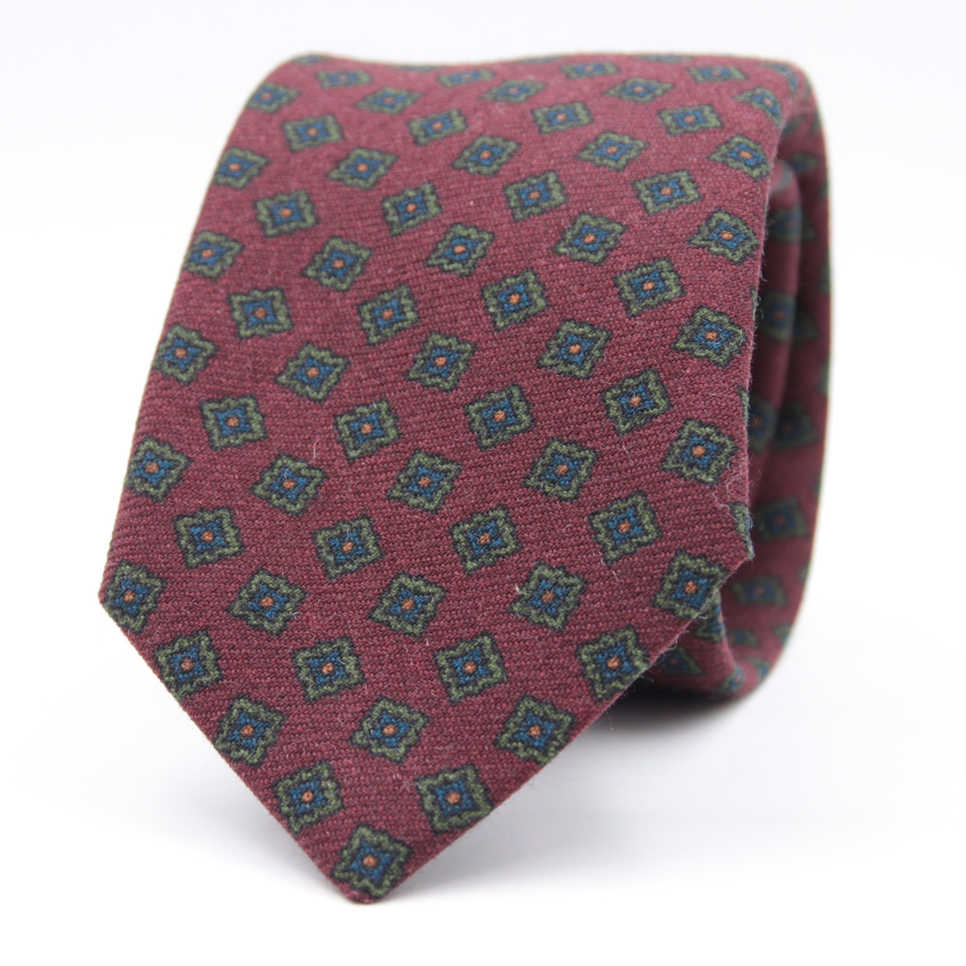 Holliday & Brown for Cruciani & Bella 100% Printed Wool  Tipped Wine, Green, Blue and Orange Motif Tie  Handmade in Italy 8 cm x 148 cm #5098