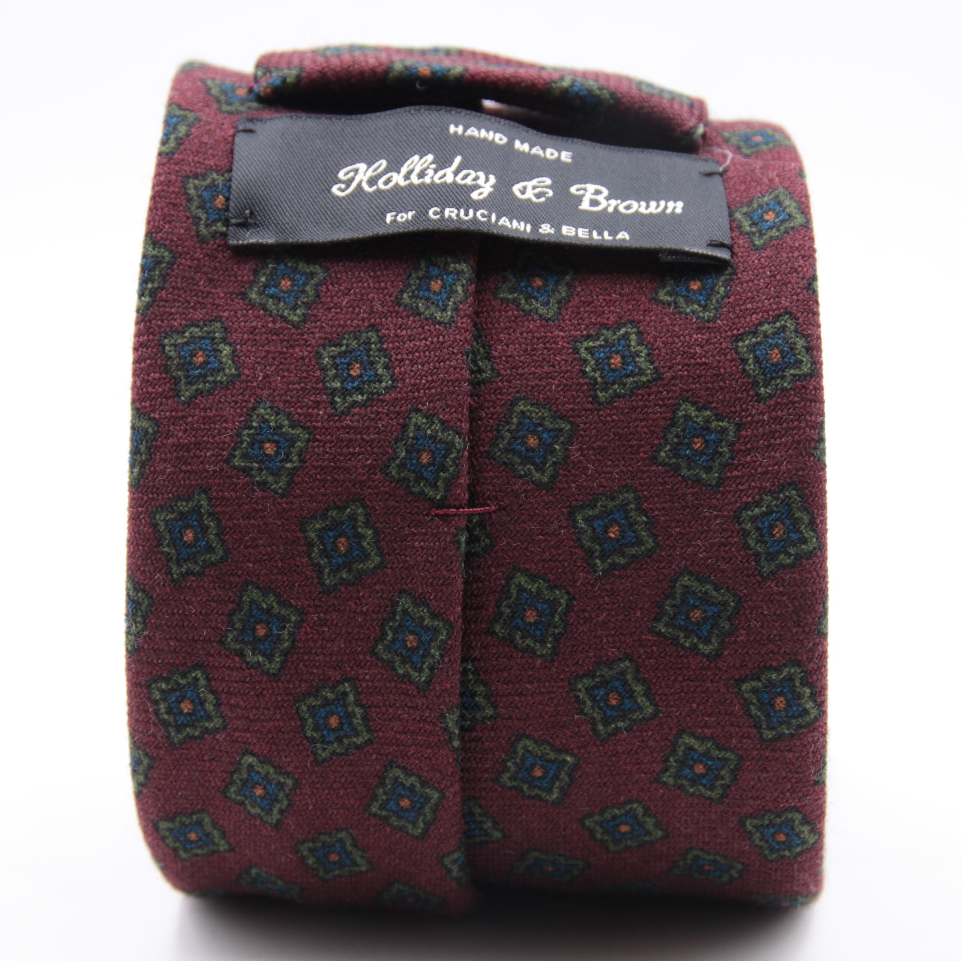 Holliday & Brown for Cruciani & Bella 100% Printed Wool  Tipped Wine, Green, Blue and Orange Motif Tie  Handmade in Italy 8 cm x 148 cm #5098