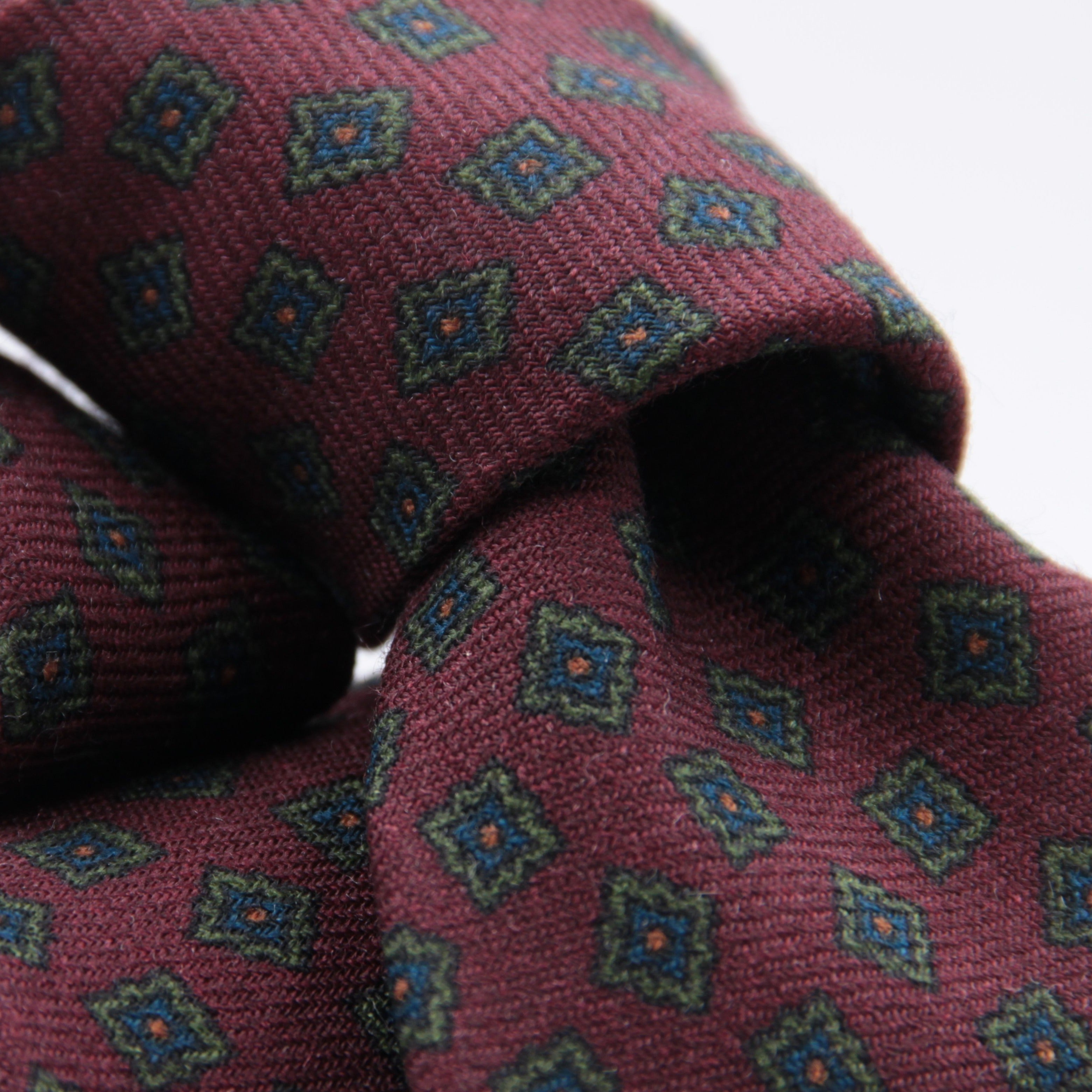 Holliday & Brown for Cruciani & Bella 100% Printed Wool  Tipped Wine, Green, Blue and Orange Motif Tie  Handmade in Italy 8 cm x 148 cm #5098