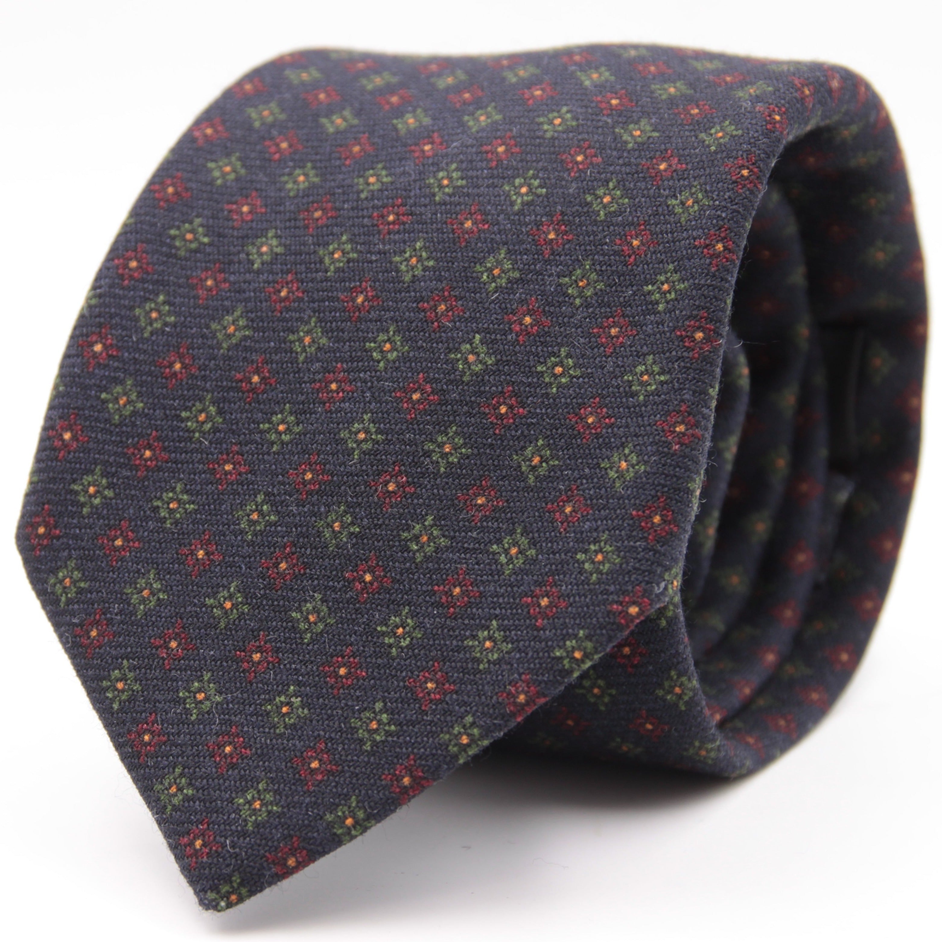 Holliday & Brown for Cruciani & Bella 100% Printed Wool  Tipped Blue, Red, Green and Yellow Motif TieMotif Tie  Handmade in Italy 8 cm x 148 cm #5822