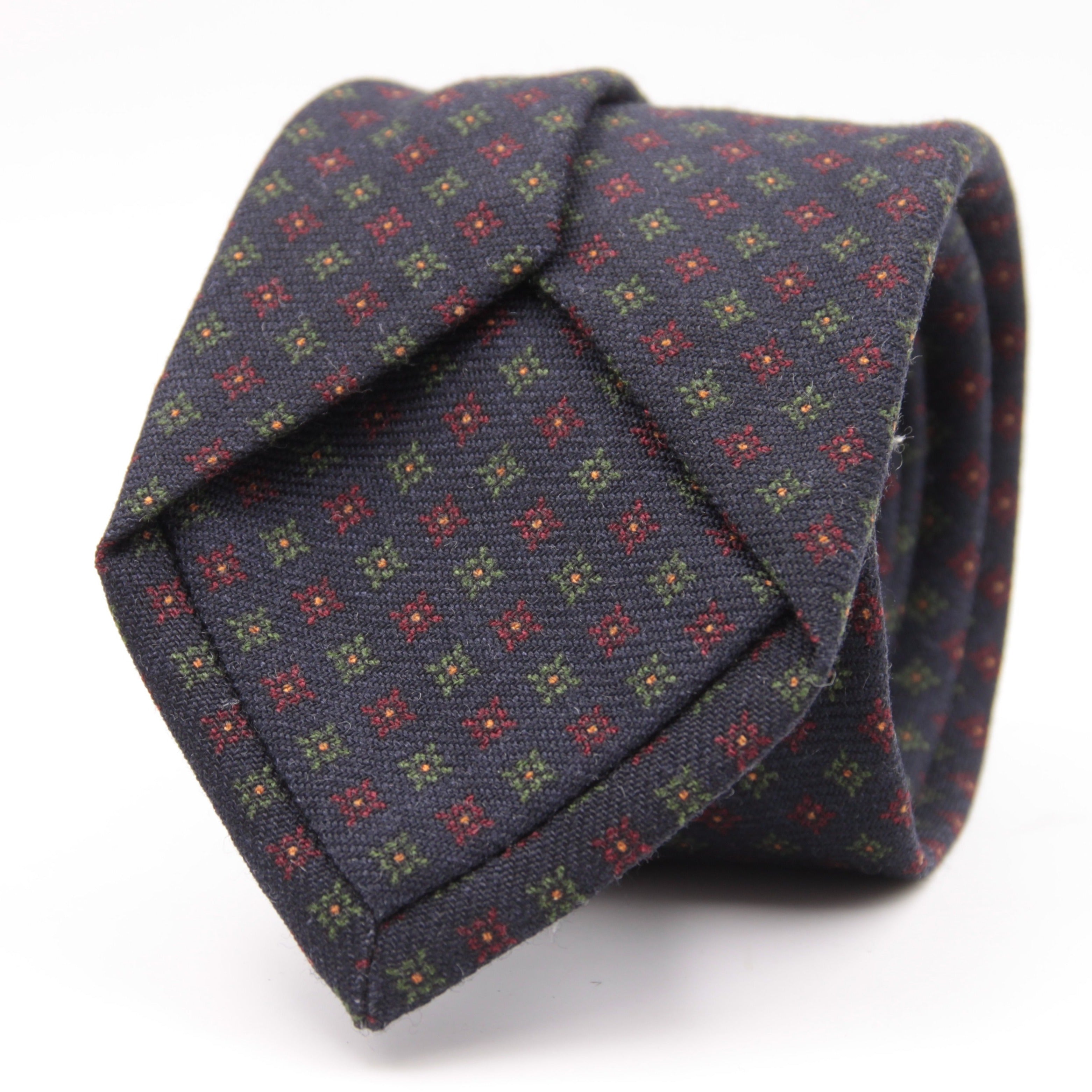 Holliday & Brown for Cruciani & Bella 100% Printed Wool  Tipped Blue, Red, Green and Yellow Motif TieMotif Tie  Handmade in Italy 8 cm x 148 cm #5822