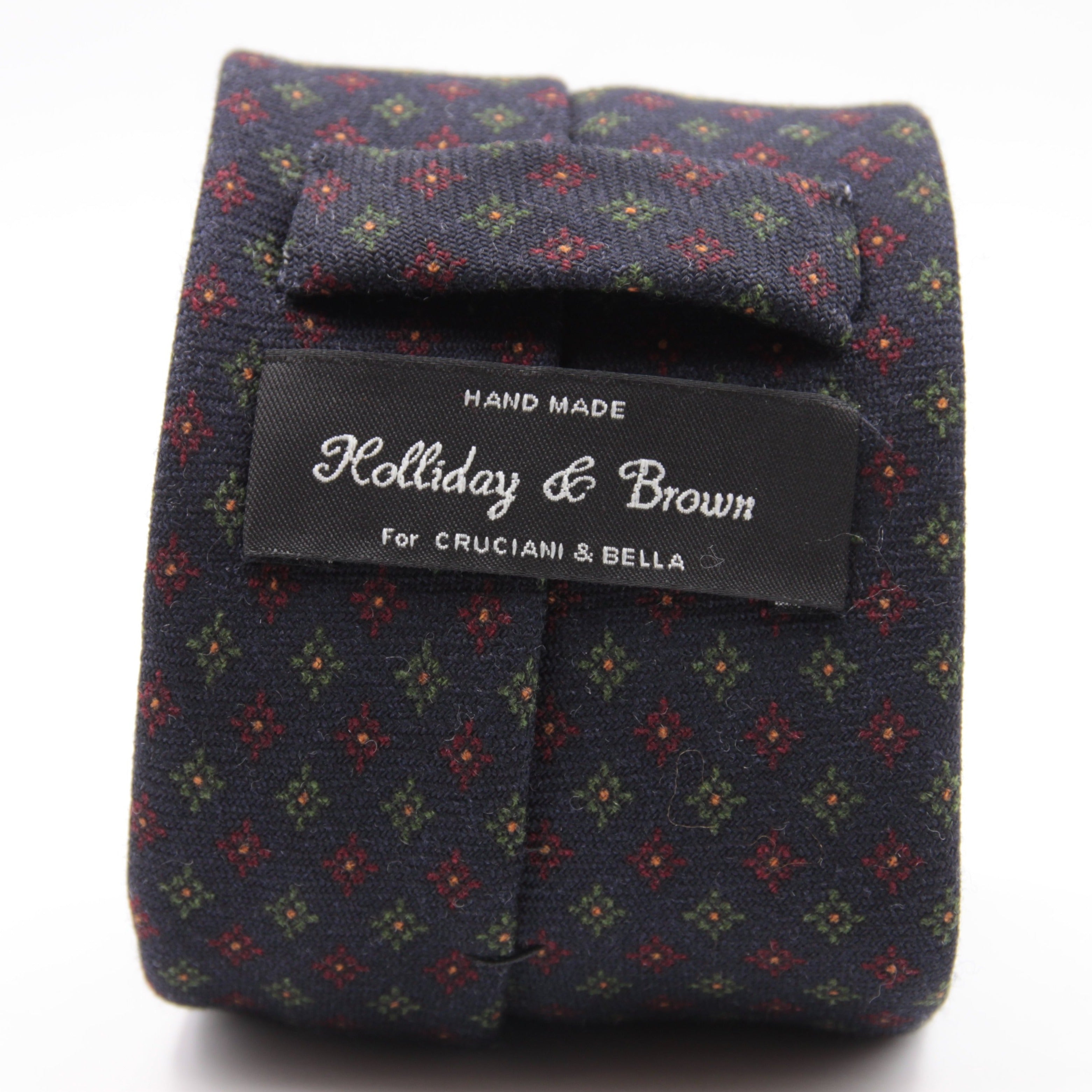 Holliday & Brown for Cruciani & Bella 100% Printed Wool  Tipped Blue, Red, Green and Yellow Motif TieMotif Tie  Handmade in Italy 8 cm x 148 cm #5822