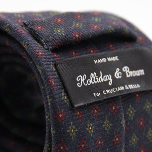 Holliday & Brown for Cruciani & Bella 100% Printed Wool  Tipped Blue, Red, Green and Yellow Motif TieMotif Tie  Handmade in Italy 8 cm x 148 cm #5822