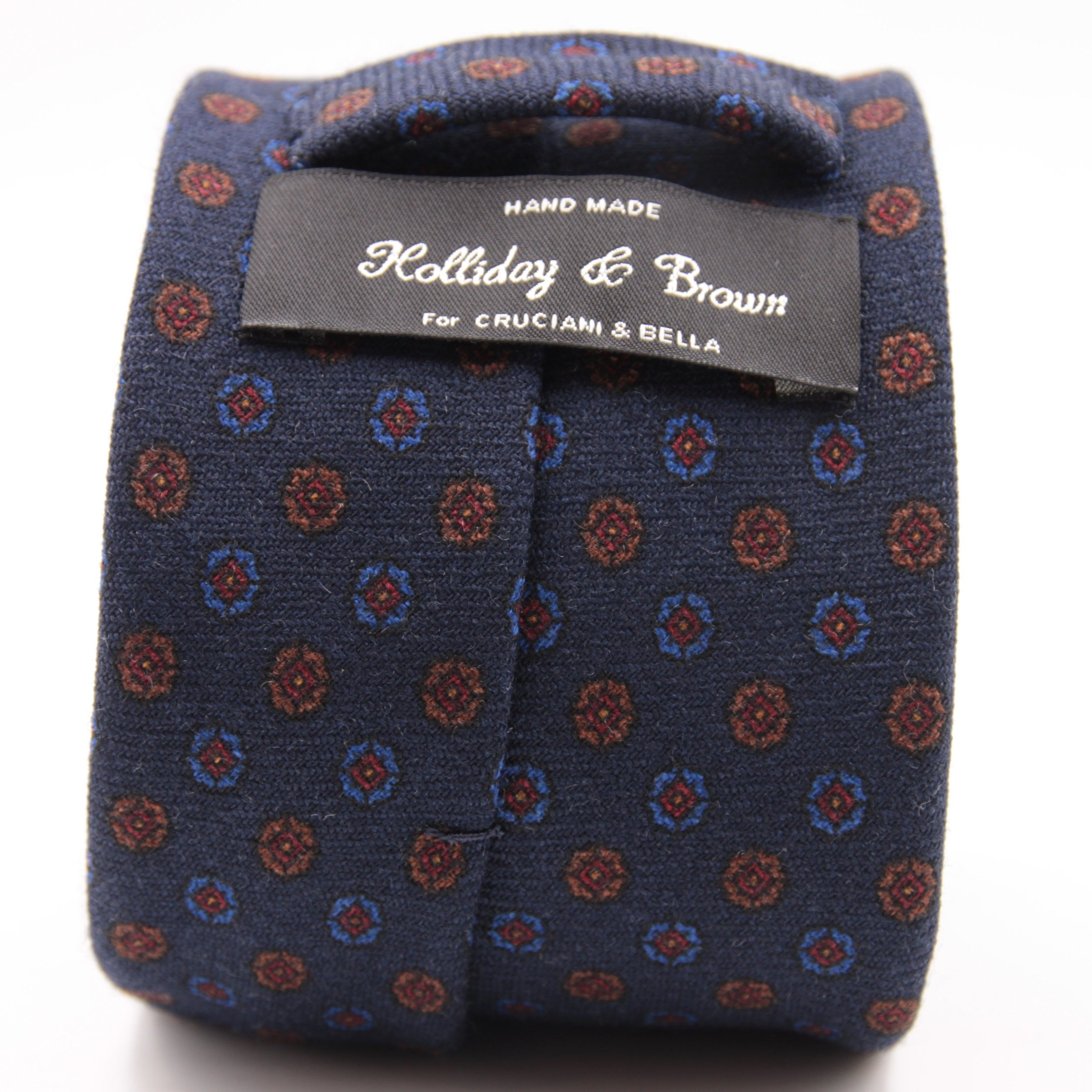 Holliday & Brown for Cruciani & Bella 100% Printed Wool  Tipped Blue, Brown and Wine Motif Tie Handmade in Italy 8 cm x 148 cm #5094