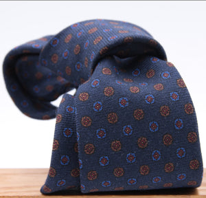 Holliday & Brown for Cruciani & Bella 100% Printed Wool  Tipped Blue, Brown and Wine Motif Tie Handmade in Italy 8 cm x 148 cm #5094