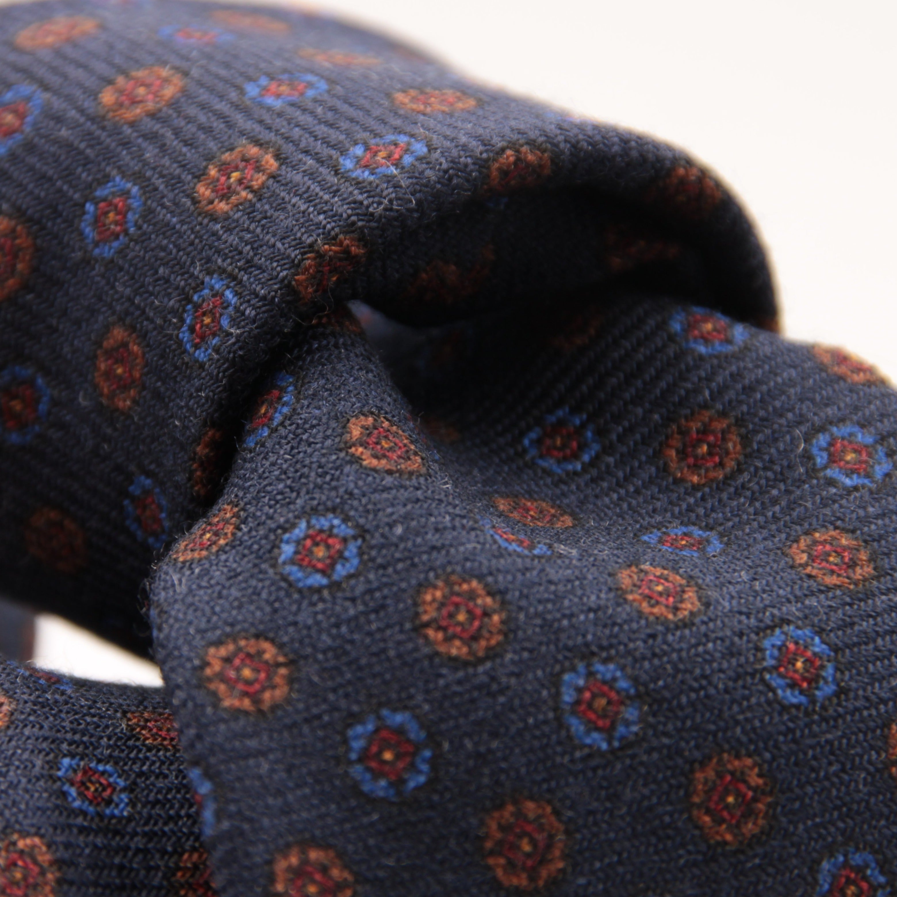 Holliday & Brown for Cruciani & Bella 100% Printed Wool  Tipped Blue, Brown and Wine Motif Tie Handmade in Italy 8 cm x 148 cm #5094