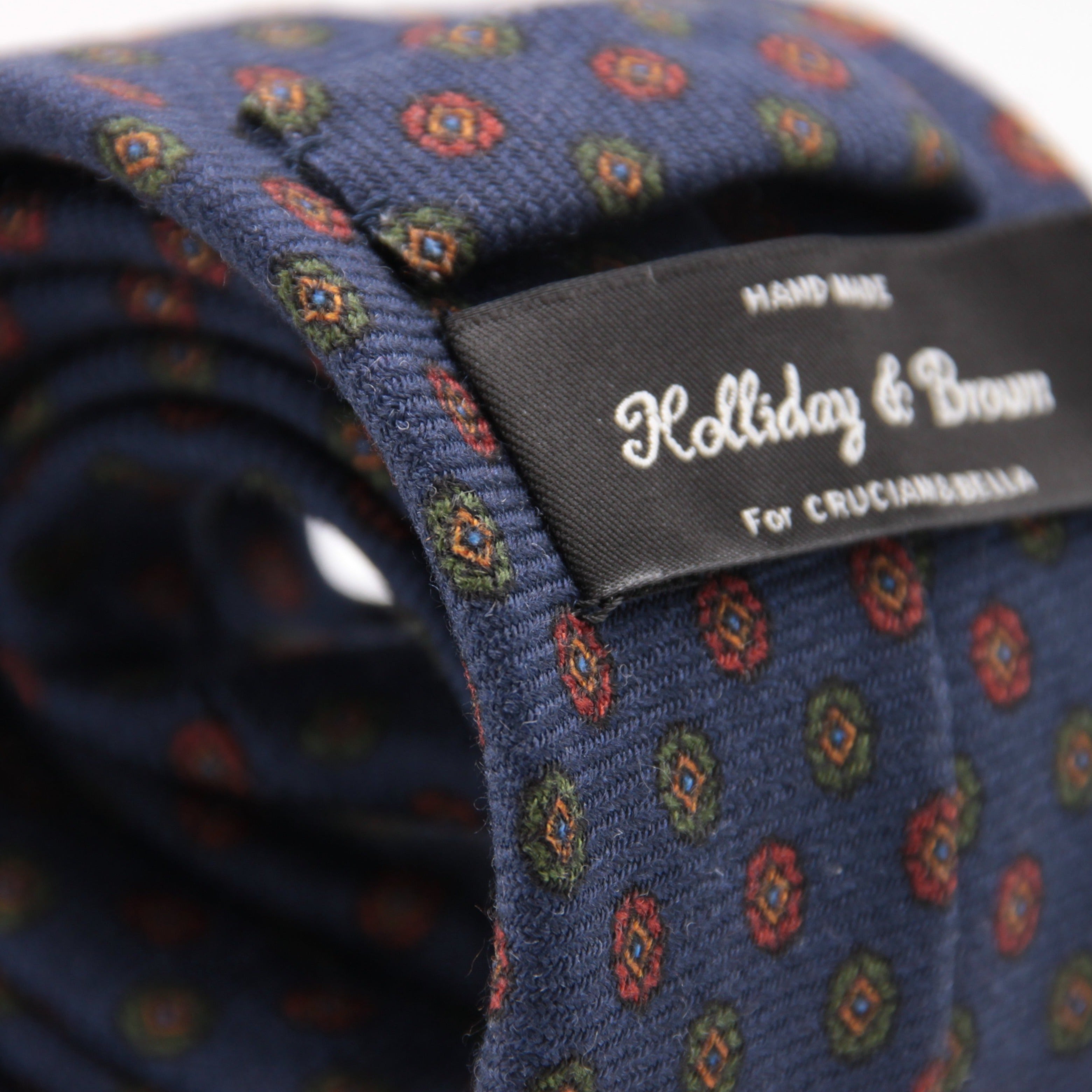 Holliday & Brown for Cruciani & Bella 100% Printed Wool  Tipped Blue, Brown and Green Motif Tie Handmade in Italy 8 cm x 148 cm #5489