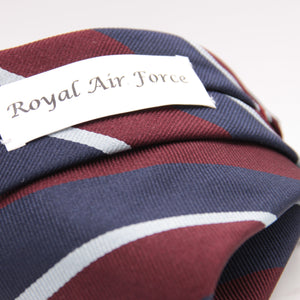 Cruciani & Bella 100% Silk Slim Shape Jacquard  Unlined Regimental "Royal Air Force" Wine, Blue and light sky-blue stripes tie Handmade in Italy 8 cm x 150 cm #6139