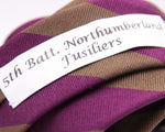 Cruciani & Bella 100% Silk Slim Shape Jacquard  Unlined Regimental "5th Batt. Northumberland Fusiliers" Bronze and Fuchsia stripes tie Handmade in Italy 8 cm x 150 cm #6141
