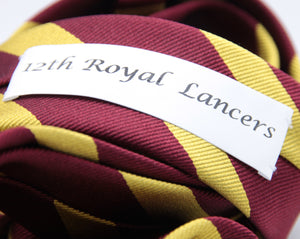 Cruciani & Bella 100% Silk Slim Shape Jacquard  Unlined Regimental "12th Royal Lancers" Dark Red and Gold stripes tie Handmade in Italy 8 cm x 150 cm #6142
