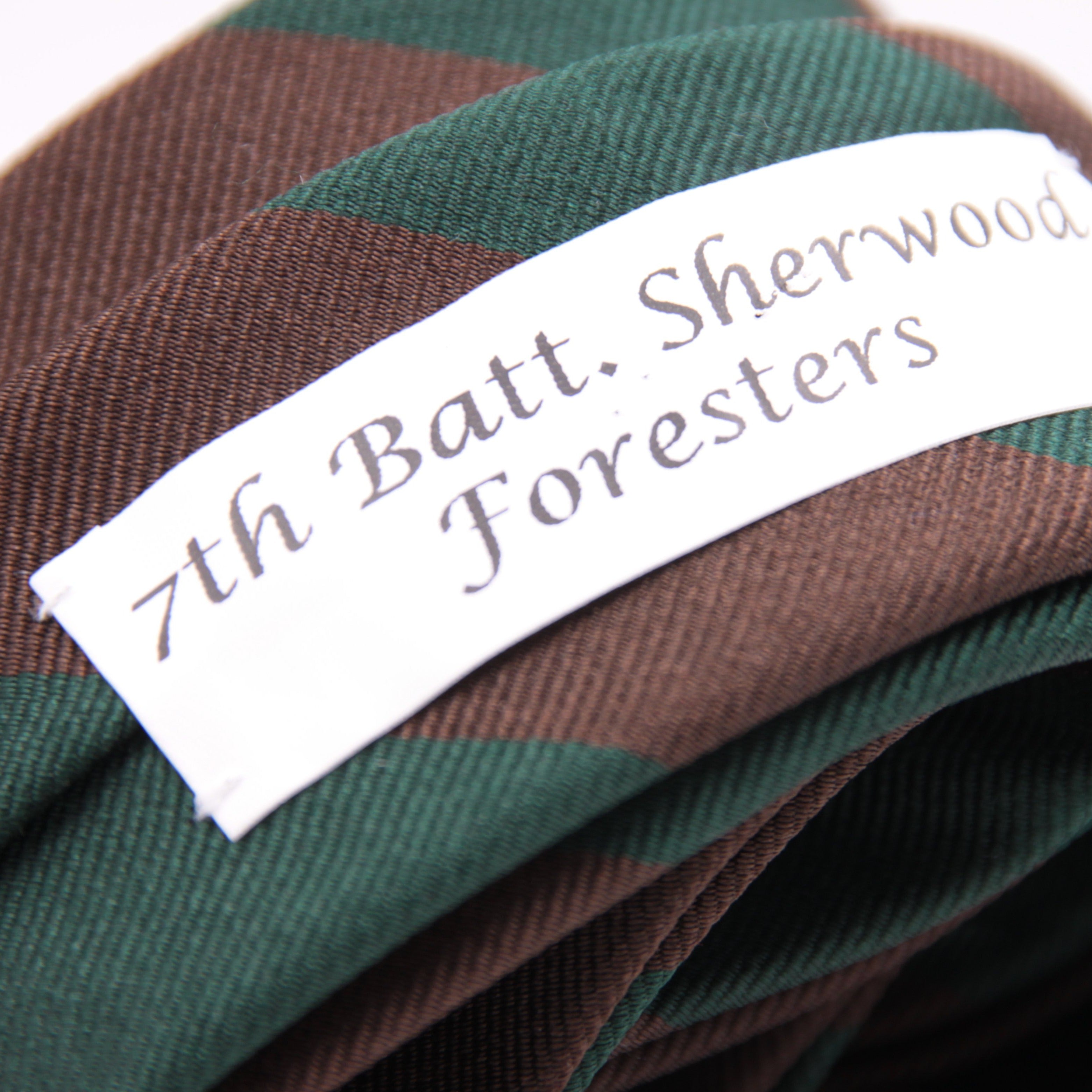 Cruciani & Bella 100% Silk Slim Shape Jacquard  Unlined Regimental "7th Batt. Sherwood Foresters" Brown and Green stripes tie Handmade in Italy 8 cm x 150 cm #6143Cruciani & Bella 100% Silk Slim Shape Jacquard  Unlined Regimental "7th Batt. Sherwood Foresters" Brown and Green stripes tie Handmade in Italy 8 cm x 150 cm