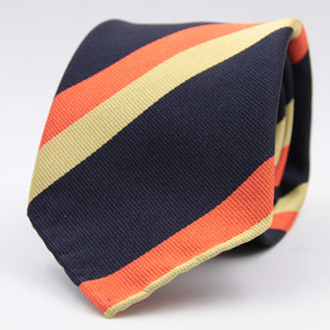 Cruciani & Bella 100% Silk Slim Shape Jacquard  Unlined Regimental "Oxfordshire and Buckinghamshire" Dark Blue, Gold and Orange stripes tie Handmade in Italy 8 cm x 150 cm #6145