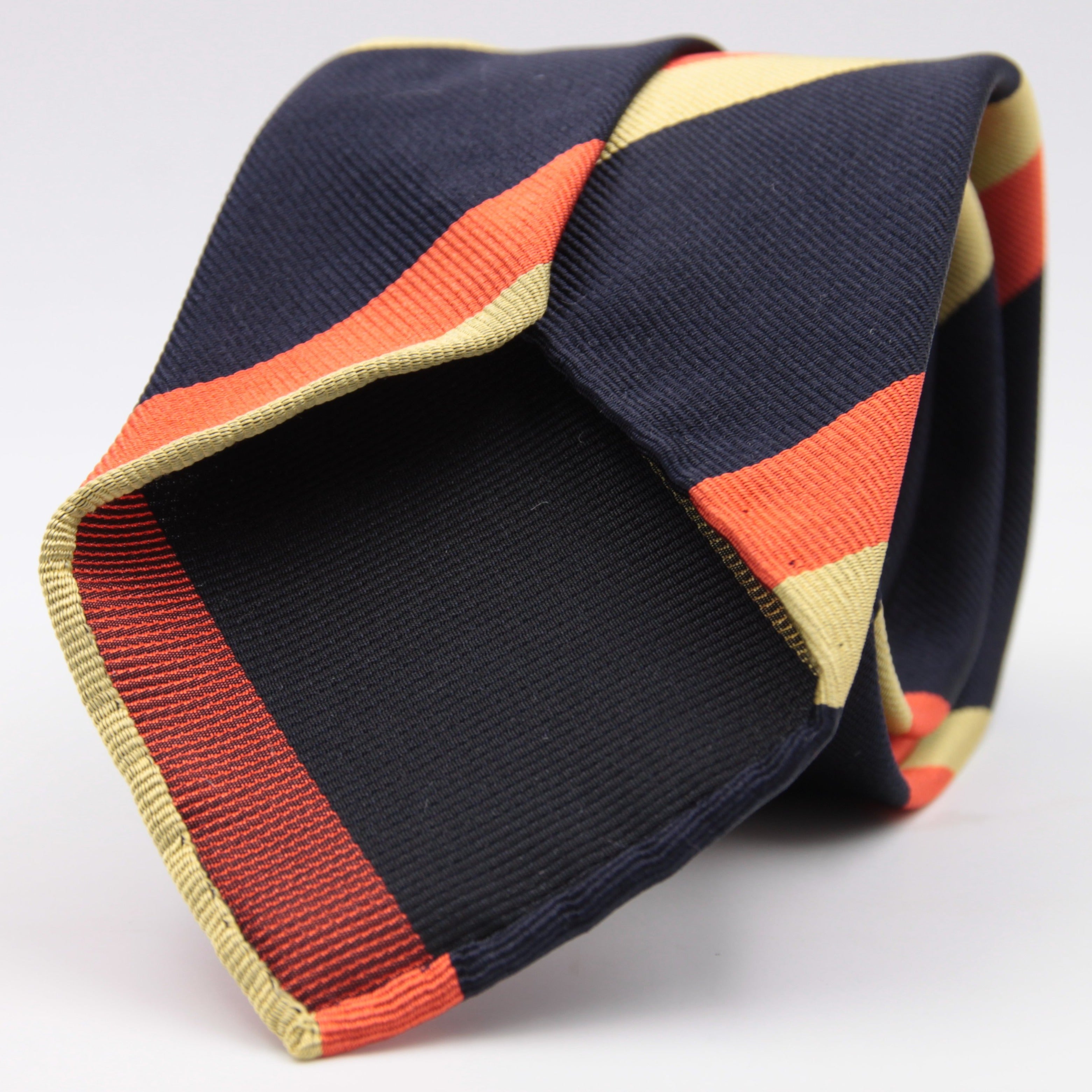 Cruciani & Bella 100% Silk Slim Shape Jacquard  Unlined Regimental "Oxfordshire and Buckinghamshire" Dark Blue, Gold and Orange stripes tie Handmade in Italy 8 cm x 150 cm #6145